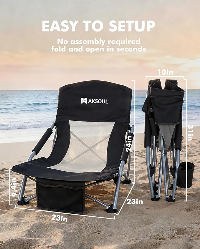 AKSOUL Folding Beach Chair for Adults: Low/High Back Chairs with Carry Bag - Extra Wide Seat Chair with Comfortable Pillow & Storage Pocket (1 Pack & 2 Pack, Blue)