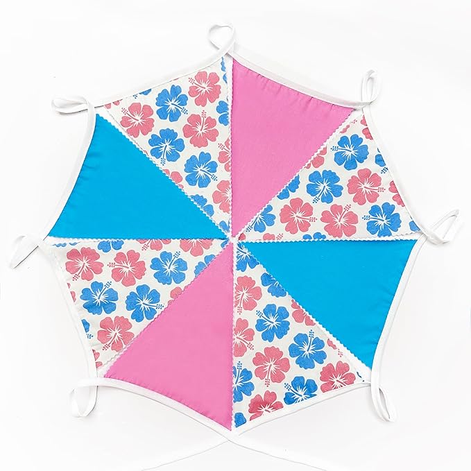 32Ft Cartoon Birthday Party Decorations Pink Blue Hawaiian Hibiscus Flower Triangle Flag Pennant Banner Fabric Garland Streamer for Luau Hawaii Tropical Ohana Baby Shower Gender Reveal Summer Decor