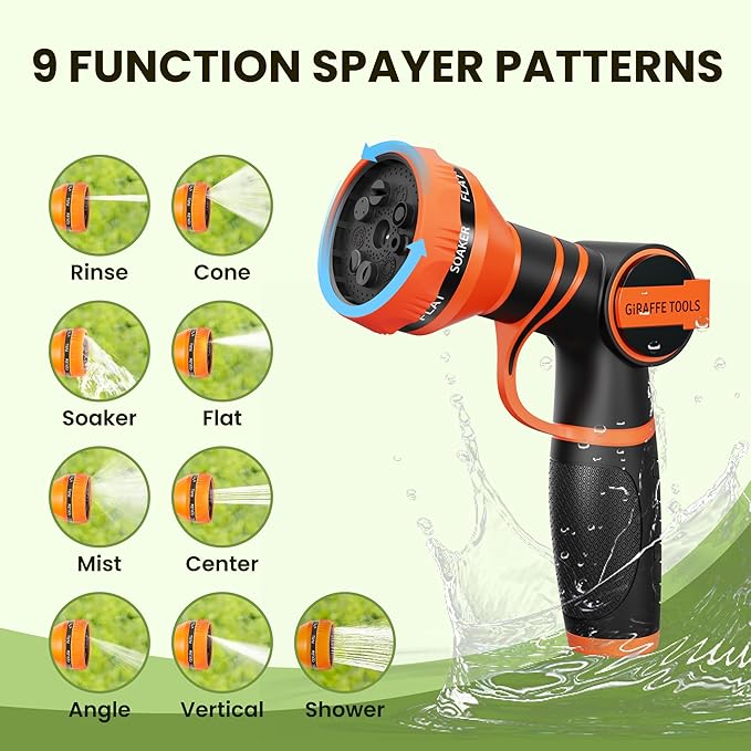 Giraffe Tools Non-Expandable Garden Hose 75FT 1/2” Lightweight Flexible Water Hoses Burst 600 psi with 9 Spray Function Nozzle Heavy Duty Hose