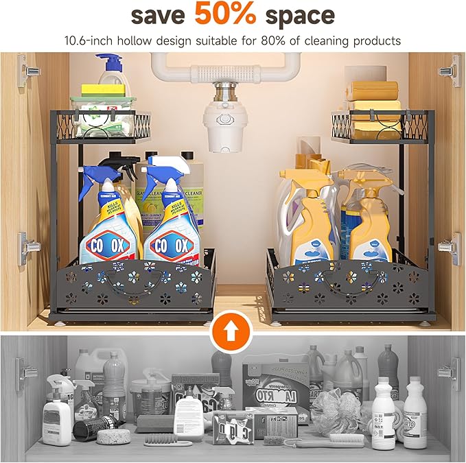 3 Pack Under Sink Organizers, 2-Tier Multi-Use Kitchen and Bathroom Organizers and Storage with Sliding Drawers, Bathroom Cabinet Organizer (Metal, 2 Pack)