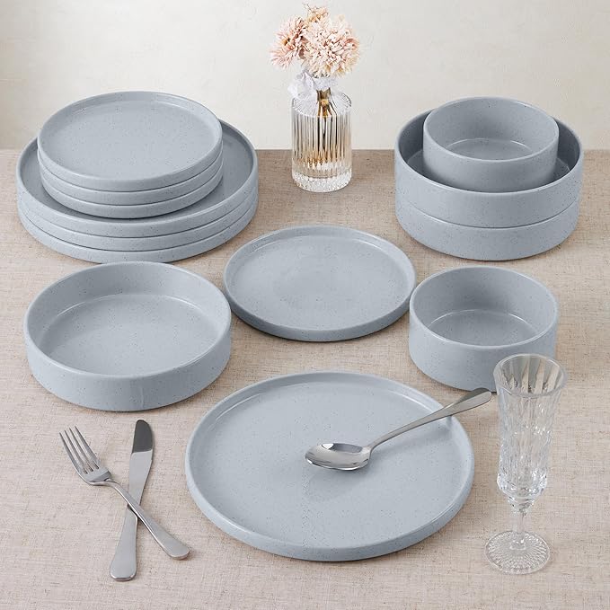 E-far Dinnerware Sets for 6, 18-Piece Stoneware Plates and Bowls Dish Set, Modern Kitchen Dinning Dishware, Chip and Scratch Resistant, Microwave & Dishwasher Safe, Speckled Gray