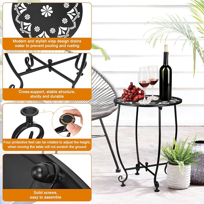 2 Pack 14Inch Outdoor Side Tables for Patio, Weather Resistant Steel Patio Side Table, Small Round Outdoor End Table Metal Side Table for Patio Yard Balcony Garden Black (Flowers)