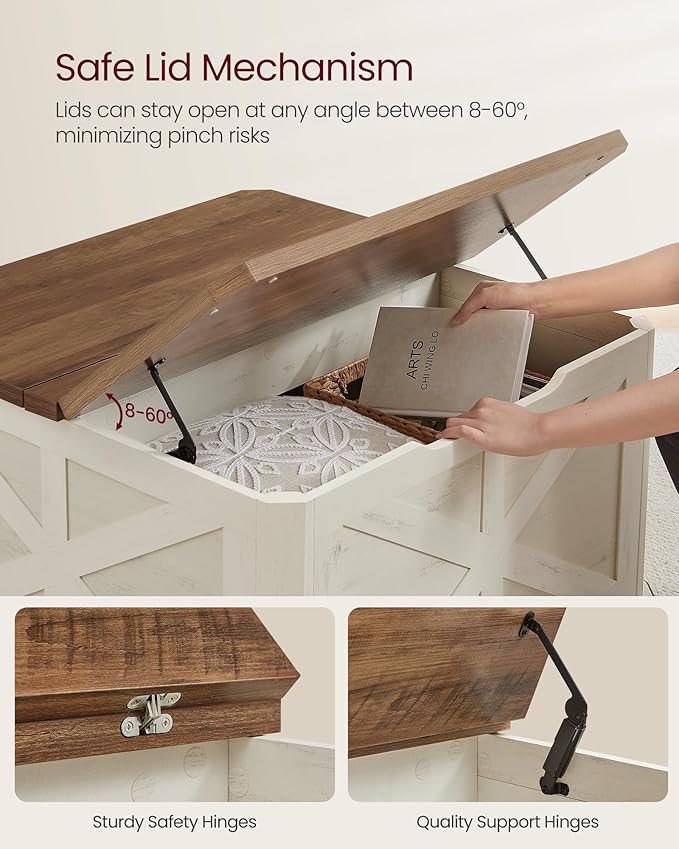 VASAGLE LIRY Collection - Farmhouse Coffee Table with Storage, Square Center Coffee Table for Living Room, with Hidden Compartment, Flip-Top Lids, Honey Brown and Rustic White ULCT232W73
