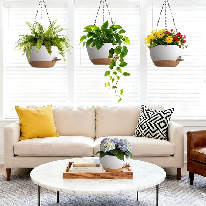 UOUZ Set of 3-10 Inch Self Watering Hanging Planters for Indoor Outdoor，Hanging Plant Pots with Drainage & Removable Tray, Hanging Pots Holder for Pothos Plant, Ferns, Balcony & Patio,White with Brown