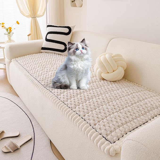 OTOB Couch Cover for Dogs Washable, Non Slip Plush Fuzzy Sofa Covers for 3 Cushion Couch Kids Pet Friendly, All Seasons Soft Cozy Furniture Protector Sofa Slipcovers (Cream, 31.5" x 82.7")
