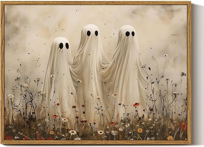 InSimSea Framed Canvas Prints Art Vintage Decor, Cute Ghosts in Wildflower Meadow Painting, Moody Spooky Halloween Fall Wall Art for Living Room Bedroom Bathroom Halloween Wall Decor, 12x16inch