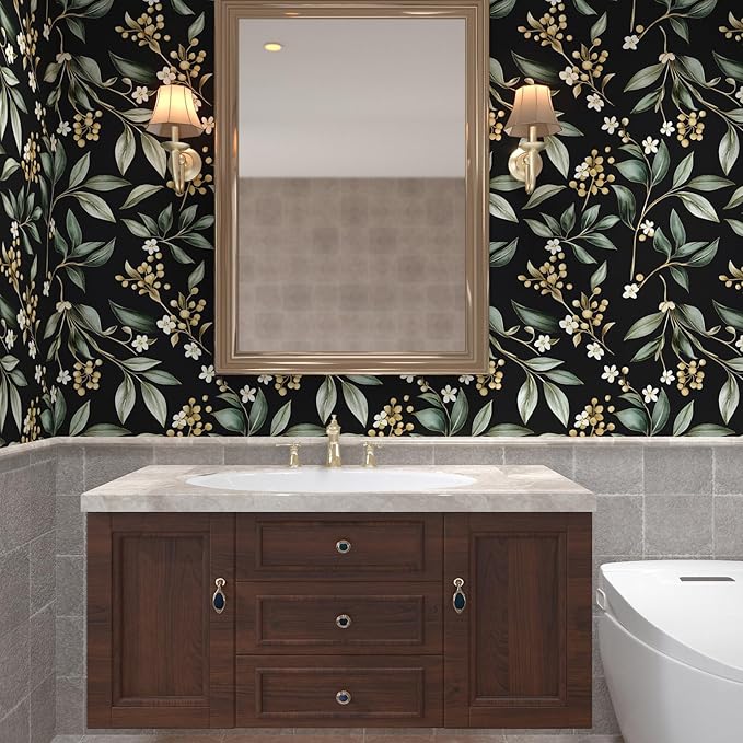 Black Green Floral Peel and Stick Wallpaper, 17.5" x 197" Vintage Dark Green