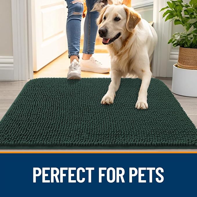 OLANLY Dog Door Mat for Muddy Paws 30x20, Absorbs Moisture and Dirt, Absorbent Non-Slip Washable Doormat, Quick Dry Chenille Mud Mat, Entry Indoor Entryway Carpet for Inside Floor, Blackish Green