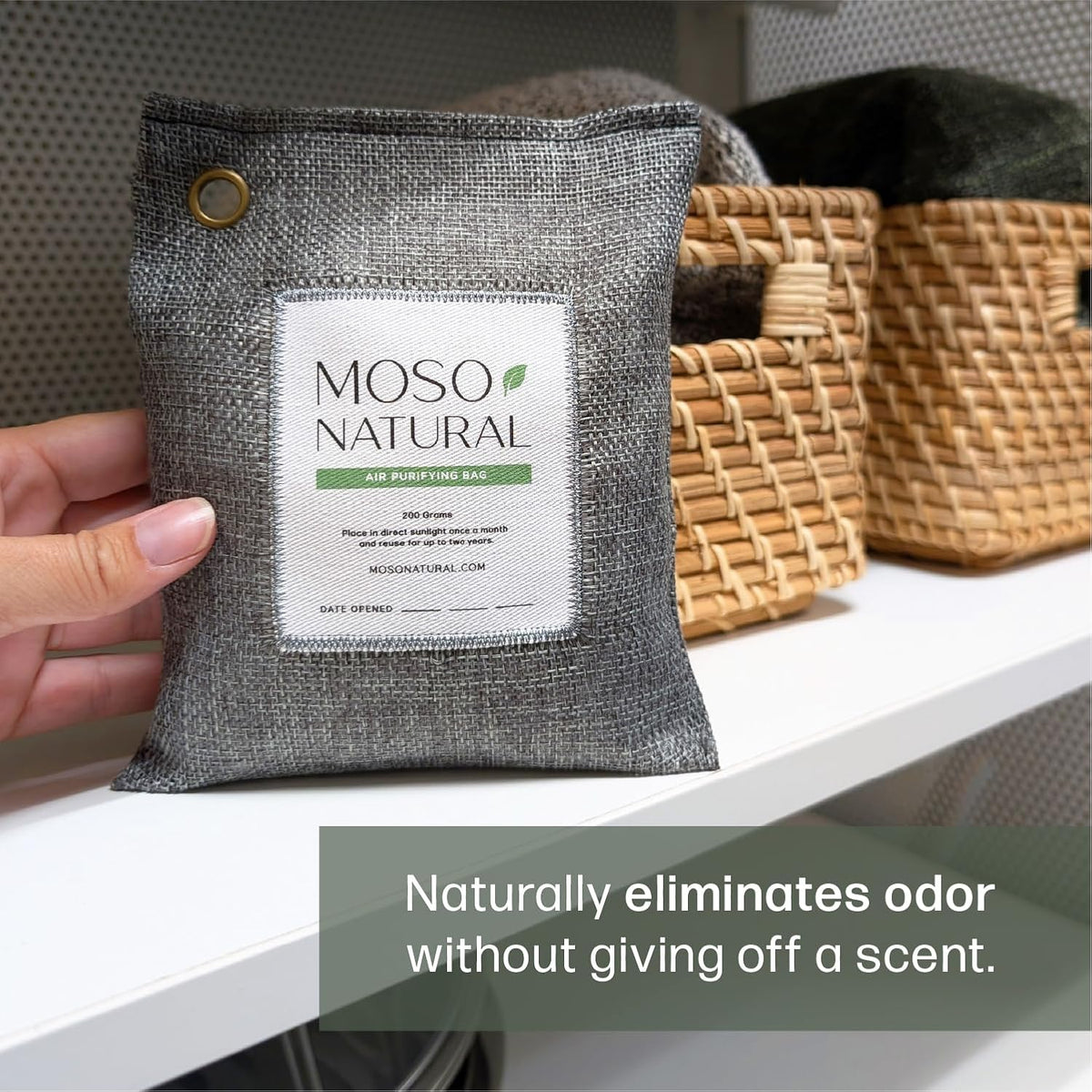Moso Natural Air Purifying Bag 200g (2 Pack) Bamboo Charcoal Odor Absorber for Home & Car | Closet Odor Eliminator, Small Room Deodorizer & Car Air Freshener | Long Lasting Charcoal Bags Cover 90sqft