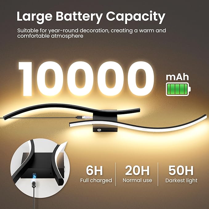 Battery Operated Wall Sconces Set of Two, 10000mAh Rechargeable Modern Wall