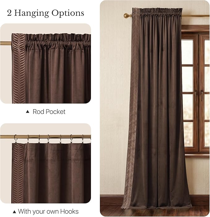 NICETOWN Rod Pocket Embroidered Trim Velvet Curtains, 2 Panels, Velvet Curtains