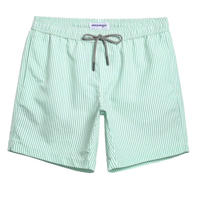 maamgic Mens Swim Trunks Quick Dry Swim Shorts with Mesh Lining Funny Swimwear Bathing Suits 7inch Green Stripes Large
