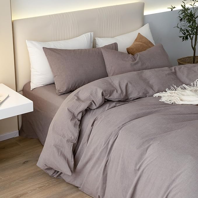 JIYUAN 100% Washed Cotton Duvet Cover Set 3 PCS Super King Plus, 1 Duvet Cover 120x120 Inches(Comforter Not Included) and 2 Pillowcases,Linen Like Comfy and Breathable, Heathered Mauve Brown