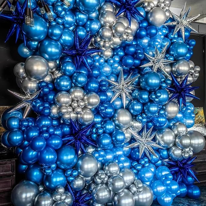 Black Blue Silver Star Balloons,9Pcs 22Inch Black Blue Silver Explosion Spike Cone Helium Polyester Film Star Foil Balloons for Birthday Anniversary Baby Shower Disco Party Decorations