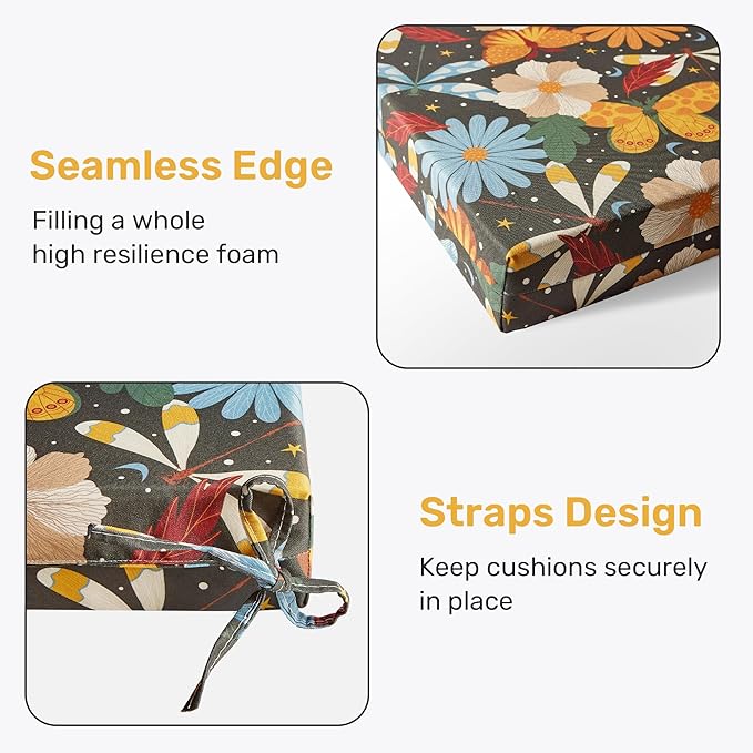 UNIKOME Outdoor Chair Cushions Pack of 4, Water Resistant Patio Cushions with Ties, High Density Sponge Filling Square Corner Seat Cushions for Outdoor Furniture, 24"*24"*4", Flower