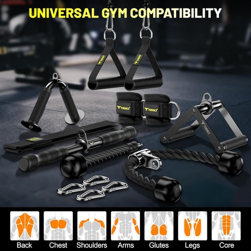 Cable Attachments for Gym, LAT Pulldown & Cable Machine Attachment Set: V-Shaped Bar, Rotating Straight Bar, V Rotation Handle, Nylon Tricep Rope, Ankle Straps & Handles, Home Gym