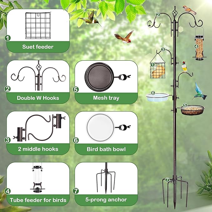 YINGYM Bird Feeding Station Kit, 87 Inches Bird Feeder Pole for Outside, Premium Feeder Stand Hanging Kit with Water Bowl, Mesh Tray and Metal Suet for Attracting Wild Birds