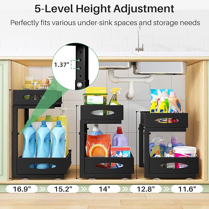 Under Sink Organizer, 2 Pack 2 Tier Pull out Cabinet Organizer Baskets with Mesh Sliding Drawers, Slide out Sink Storage Shelves for Home, Kitchen, Bathroom, Pantry, Office Organizers and Storag,Black