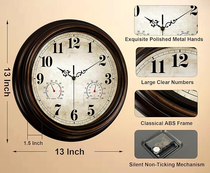 Vintage Wall Clock 13 Inch Quartz Silent Non-Ticking Analog Clock