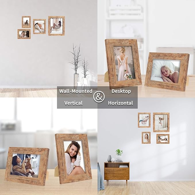 8x10 Picture Frame Set of 4, High Definition Real Glass Rustic Brown Frame, 8 x 10 Photo Frames for Desktop Display and Wall Mounting