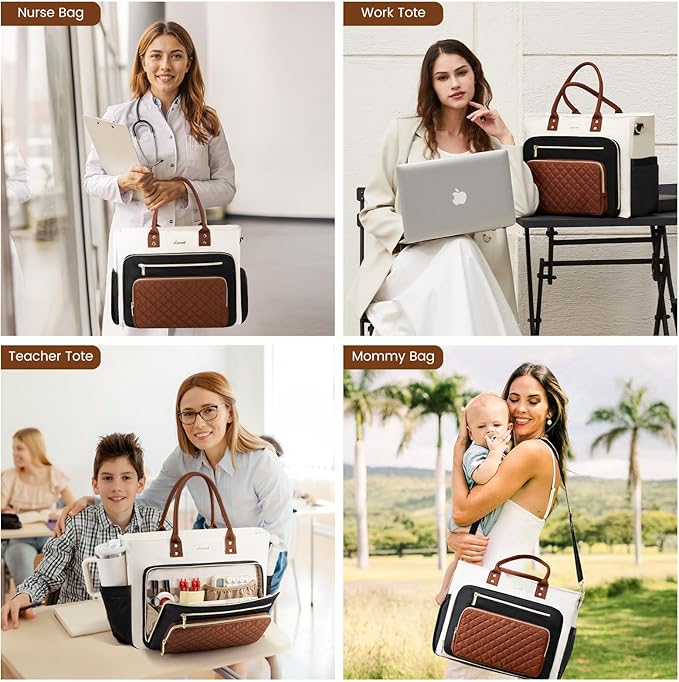 LOVEVOOK Teacher Tote Bag for Women Work, Laptop Bag With Large Cup Holder, Nurse Bags Professional Briefcase Business Computer Purses Handbag Gifts,Light Green-Beige-Olive Green,15.6 Inch