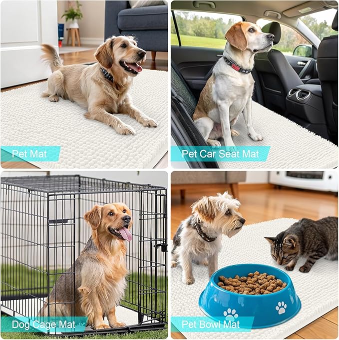 OLANLY Dog Door Mat for Muddy Paws 44x24, Absorbs Moisture and Dirt, Absorbent Non-Slip Washable Doormat, Quick Dry Chenille Mud Mat for Dogs, Entry Indoor Entryway Carpet for Inside Floor, Ivory