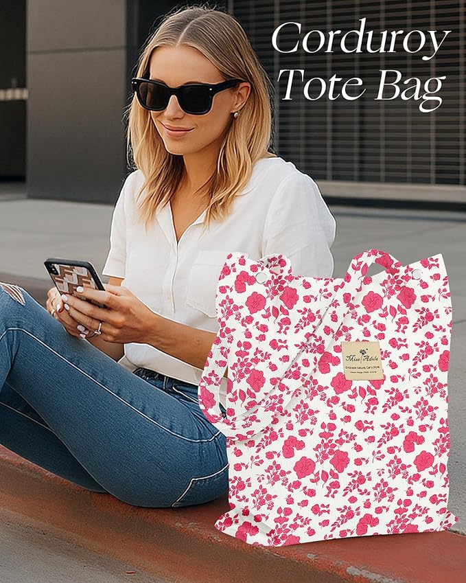 Miss Adola Corduroy Tote Bag for Women - Reusable Totes with Magnetic Buckle & Pocket Aesthetic Design Work Grocery Bags