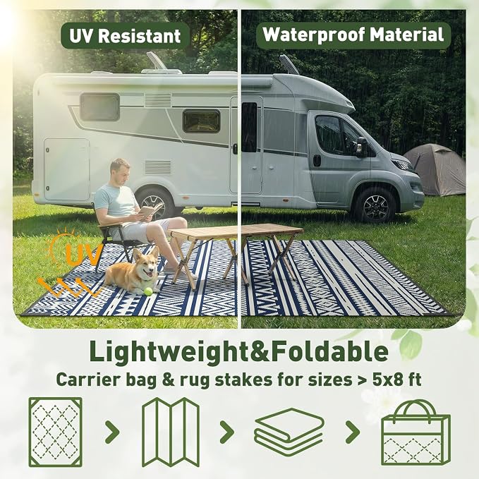 MontVoo-Outdoor Rug Carpet Waterproof 5x8 ft Reversible Patio Rug RV Camping Rug-Plastic Straw Rug Outside Indoor Outdoor Area Rug for Patio Deck Balcony Picnic Beach Outdoor Decor Boho Navy Blue