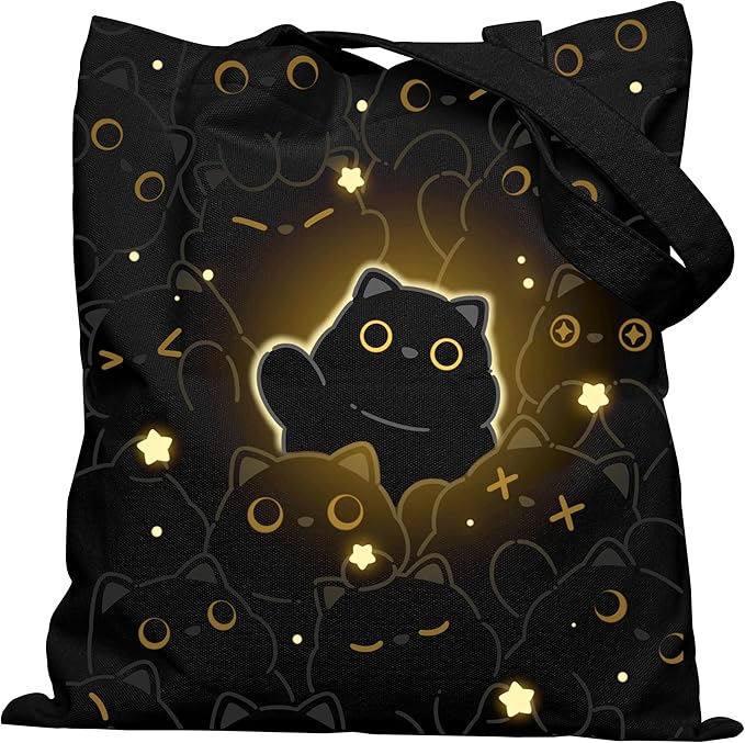 Canvas Tote Bag with Aesthetic Prints, Cute Tote Bag for Women Girls with Wide Strap, Gifts for Cat Book Lovers