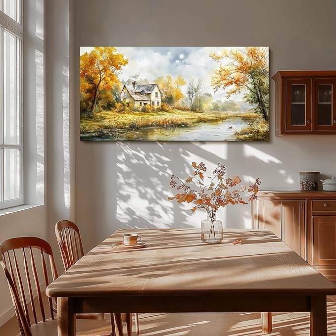 SERIMINO Autumn Nature Landscape Wall Art, Riverside Cottage Scenic Large Artwork, Rustic Farmhouse Oversized Wall Prints, Pastoral Canvas Paintings Wall Decor Living Room Bedroom Dining Room 29"X57"