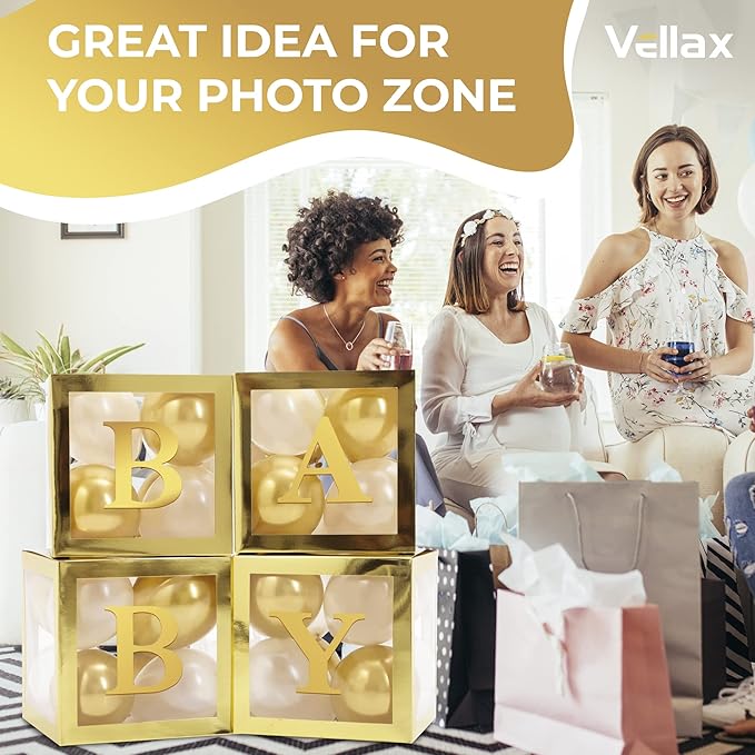 Baby Shower Boxes with Letters – Gold Boxes with Gold & White Balloons – 44-Piece Gender Reveal & Party Decoration Set by Vellax