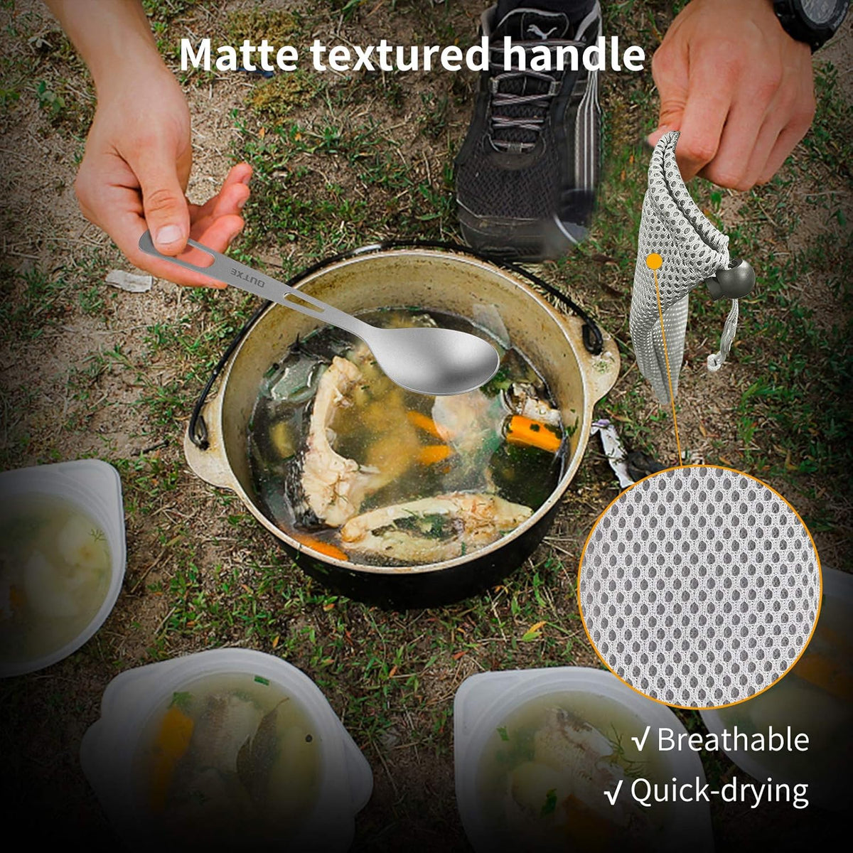 OUTXE Titanium Flatware Set - Lightweight Camping Cutlery with Carrying Bag for Travel & Hiking