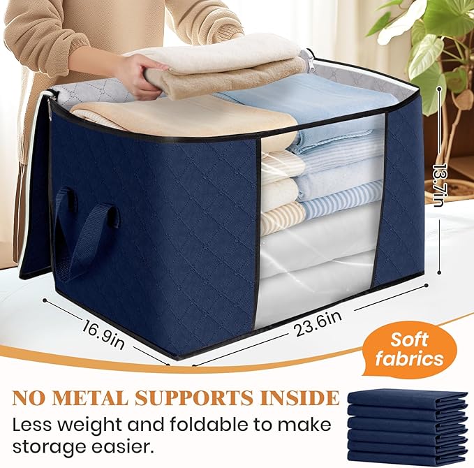 Fab totes 24 Gallons Clothes Storage, Foldable Thick Fabric Blanket Storage Bags,Containers for Organizing Bedroom, Closet, Clothing, Comforter,Organization with Handle (8 Pack,Blue)