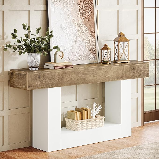 Tribesigns 63-Inch Long Console Table, 2-Tier Entryway Table Sofa Table with Storage, Farmhouse Wood Behind Couch Table for Living Room, Hallway, Light Brown & White