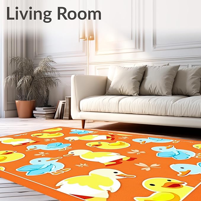 Flatwoven High Traffic Area Rug 3x5, Whimsical Parade Watercolor Cartoon Inspired Motif, Non Slip, Stain Resistant, Washable Area Rugs for Living Room, Bedroom (Orange, 3x5)
