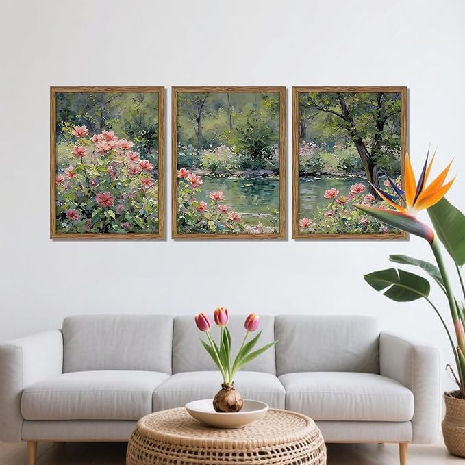 Framed Monet Wall Art Set of 3, Impressionist Botanical Floral Canvas Wall Decor