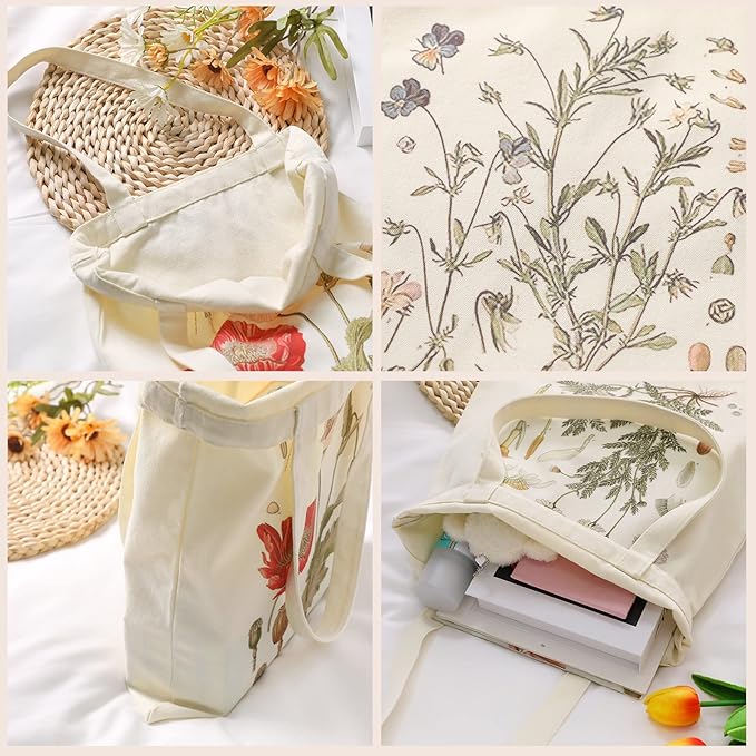 4 Pieces Floral Canvas Tote Bag for Women Book Club Gifts Cute Aesthetic Canvas Bags Bulk Flower Reusable Grocery Shopping Bag Aesthetic for Women