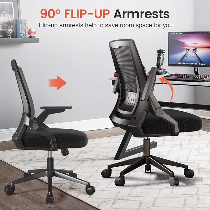 GTPLAYER Ergonomic Office Chair with Flip-up Armrests Executive Computer Chair for Home Office, Breathable Mesh & Comfy Lumbar Support, Black