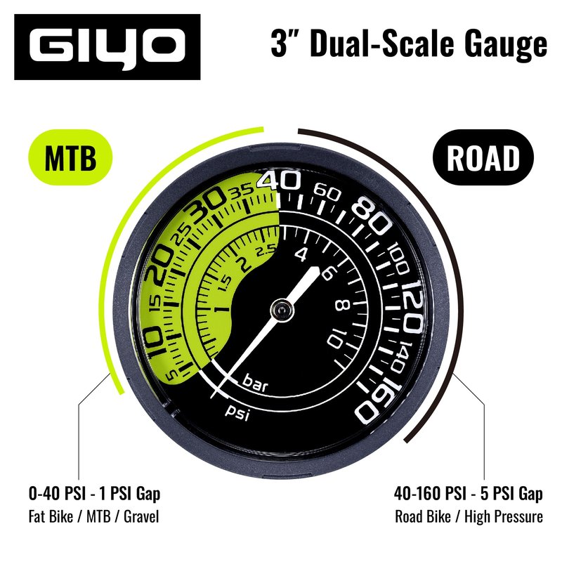 GIYO Bike Floor Pump - 3" Dual Scale Gauge - Road & MTB | One Handed Operation -Clever Valve for Presta & Schrader | Max 160PSI Steel Barrel (GF27)