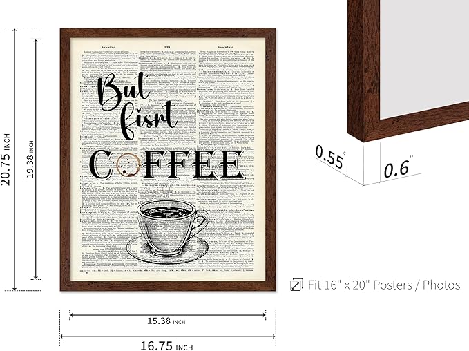 Poster Master Dictionary Art Poster - But First Coffee Print - Cafe Art - Gift for Men, Women, Coffee Lovers & Barista - Funny Decor for Kitchen, Restaurant or Dining Room, 16x20 Brown Framed