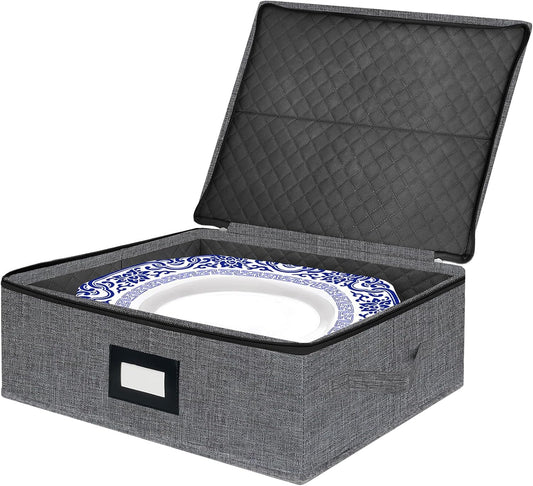 Platter Storage Case - Stackable China Storage Containers Hard Shell with Durable Zipper & Label & Sturdy Handles, 5.3” Height, Structured Top, 4 Felt Dividers Included (Dark Gray)