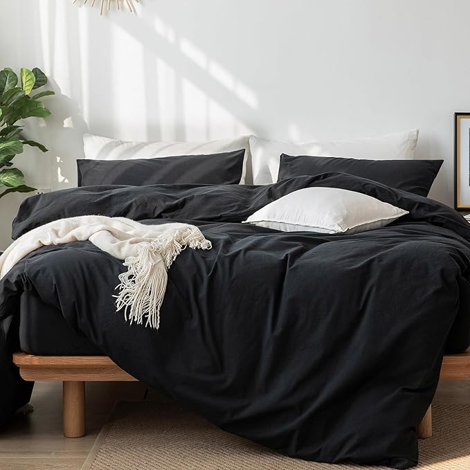 MooMee Bedding Duvet Cover Set 100% Washed Cotton Linen Like Textured Breathable Durable Soft Comfy (Solid Black, King 104"x90")