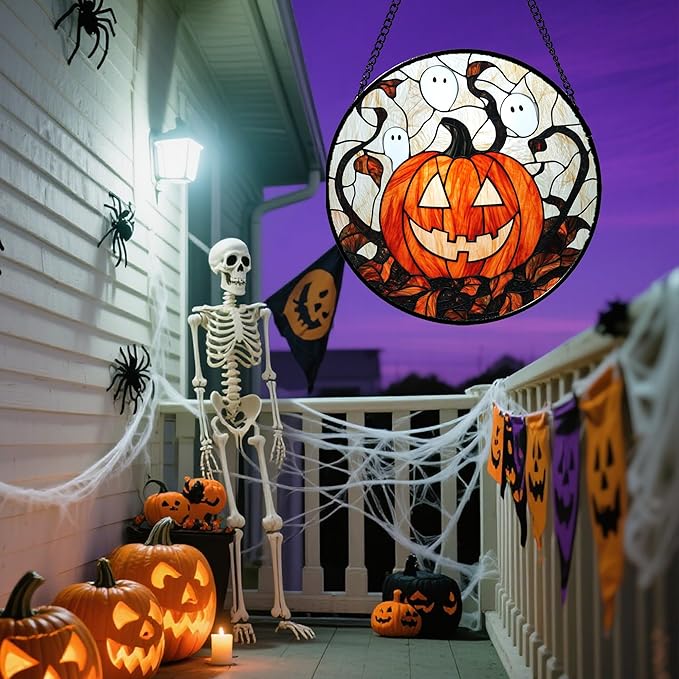 Stained Glass Window Hanging - Halloween Decorations Pumpkin Ghost Suncatcher for Doors Garden Indoor Spooky Funny Orange Sun Catchers Gothic Decor Horror Gifts for Women Men Friend 11.8 in