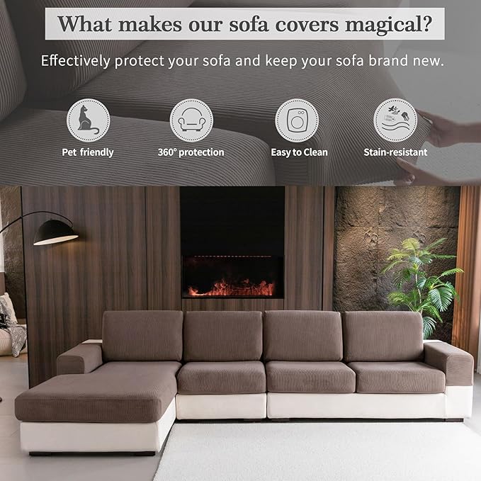 OHSIO Sectional Couch Covers, Wear Resistant Stretch Sofa Covers Washable Soft Couch Cushion Covers Anti Slip Furniture Protector Sofa Slipcovers for Pets (1 Piece Large Cover, Brown)