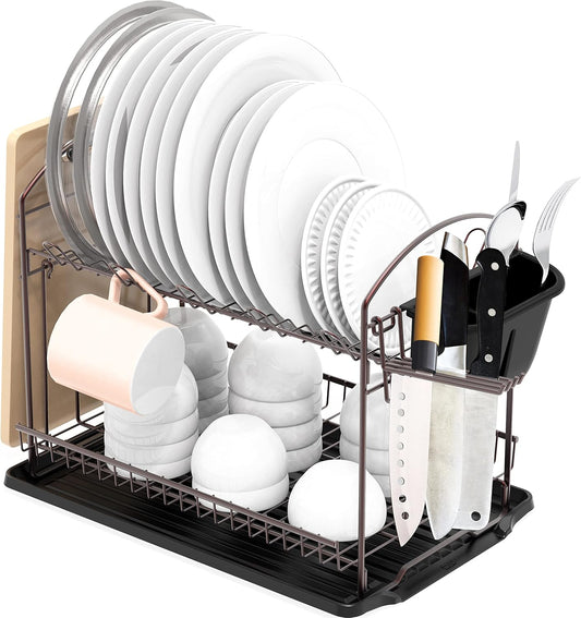 SIMPLE HOUSEWARE 2-Tier Dish Rack with Drainboard, Bronze
