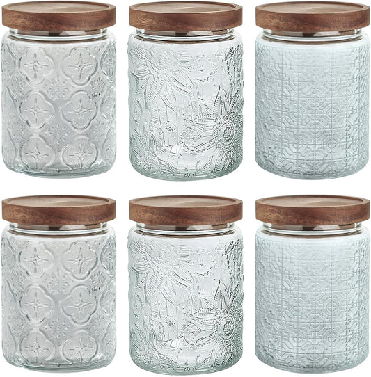 24 OZ/6 PCS Glass Storage Jar with Airtight Bamboo Wooden Lids, Vintage Food Containers Canisters Sets for Kitchen Counter Pantry, Sugar, Flour, Candy, Tea, Coffee Beans, Oats, Grain Bin, Pasta,