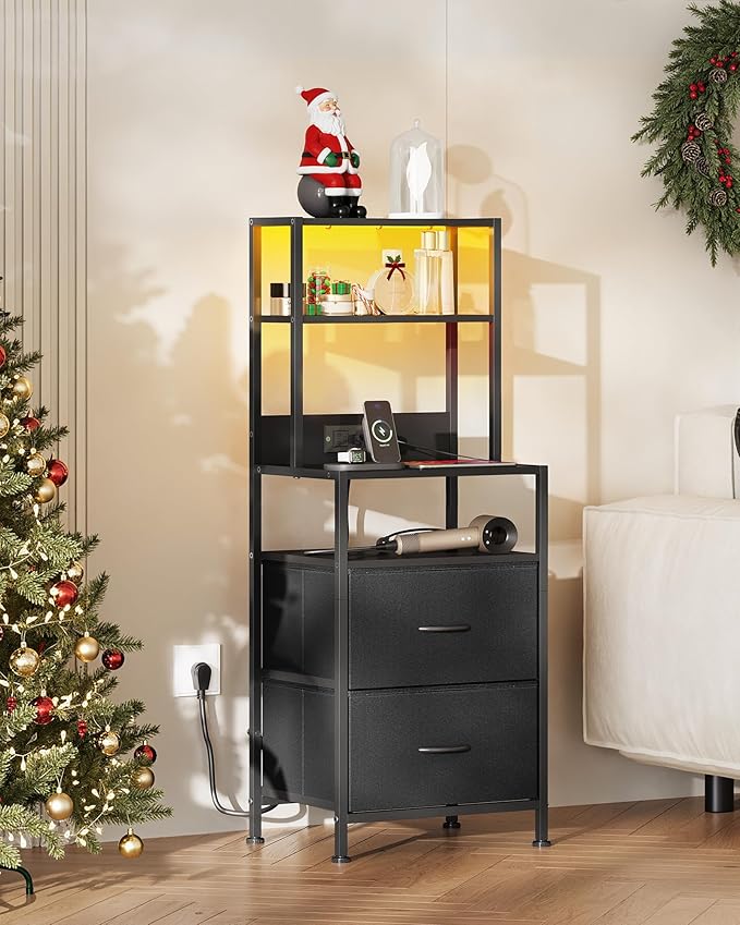 WLIVE Nightstand with Charging Station, LED Night Stand with 2 Drawers and 4 Storage Open Shelves, Fabric Dresser for Bedroom, Black