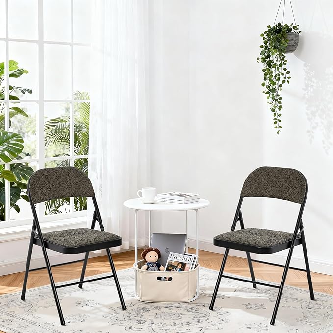 DUMOS 2 Pack Folding Chairs with Padded Cushion and Back - Fabric Stackable Portable Dining Chairs Set, for Home and Office, Conference, Wedding, Party, Patio, Garden, for Indoor Outdoor, Black Grey