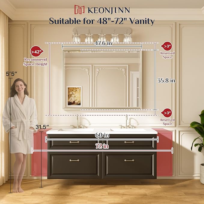 Keonjinn 48" x 36" Brushed Nickel Bathroom Vanity Mirror, Decorative Aluminum