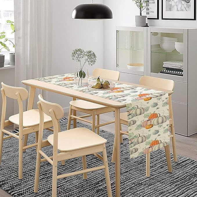 Fall Pumpkin Table Runner Vintage Leaves Plant Motifs Thanksgiving Theme Watercolor Illustration Home Decor for Farmhouse Indoor Outdoor Party Holiday Dining Kitchen Restaurant Cafe W13xL90in